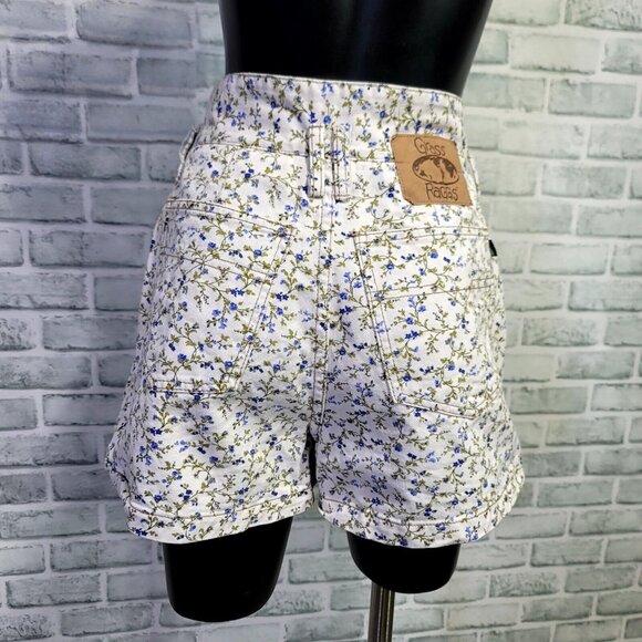 Vintage 90s Grass Raggs Ditsy Floral Print Denim Hi Paper Bag Waist Jeans Shorts - Picture 7 of 10